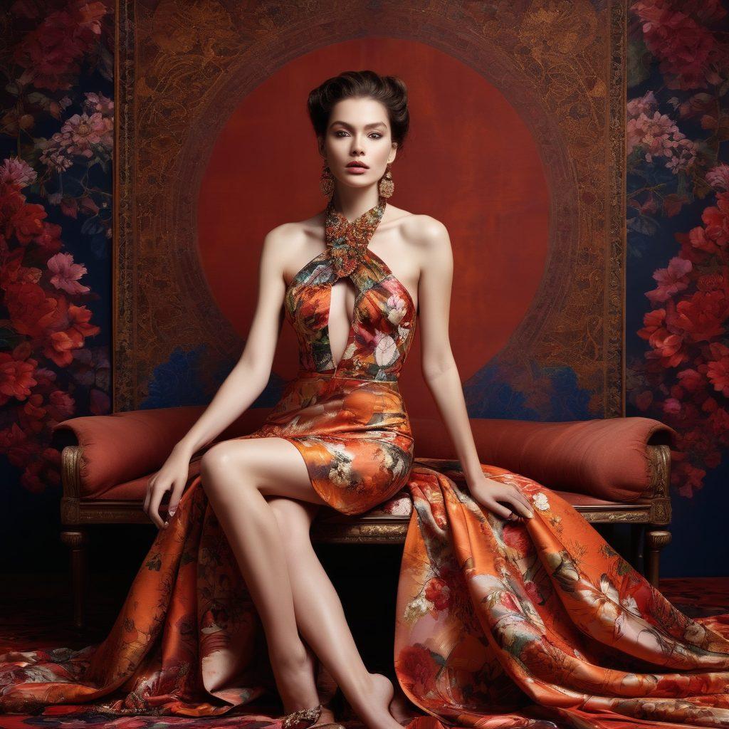 A bold and captivating scene showcasing a model in elegant, artistic nude photography, surrounded by high-fashion elements like flowing fabrics and intricate accessories. The backdrop includes abstract patterns symbolizing the evolution of beauty standards, with soft lighting emphasizing the model's natural grace. Infuse a modern, avant-garde flair by intertwining delicate floral designs and geometric shapes. vibrant colors. super-realistic. high-contrast.